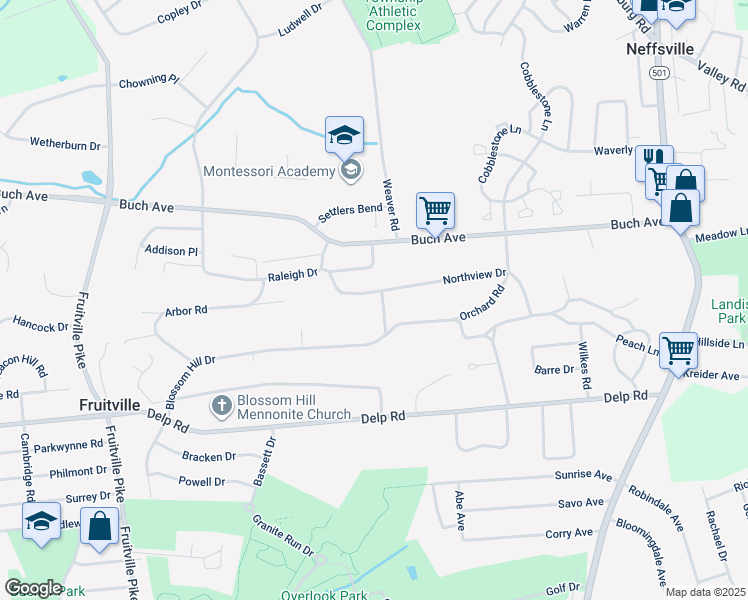 map of restaurants, bars, coffee shops, grocery stores, and more near 142 Woodside Road in Lancaster
