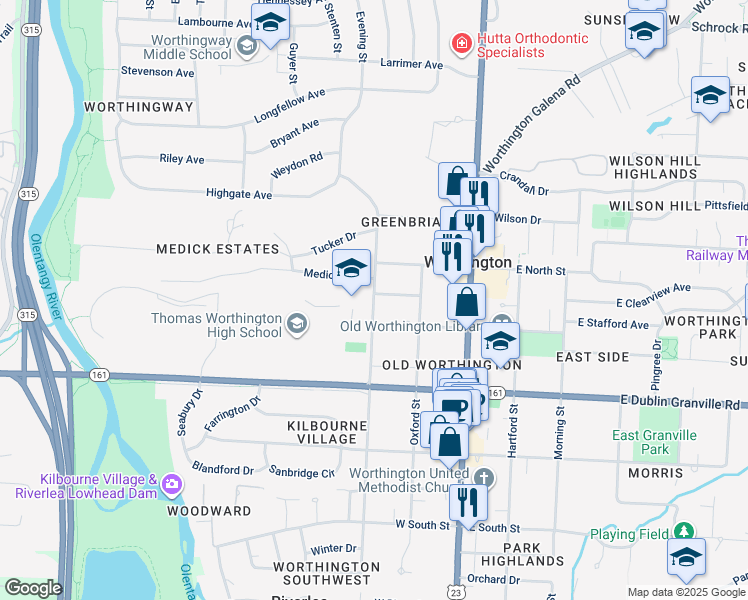 map of restaurants, bars, coffee shops, grocery stores, and more near 885 Evening Street in Worthington