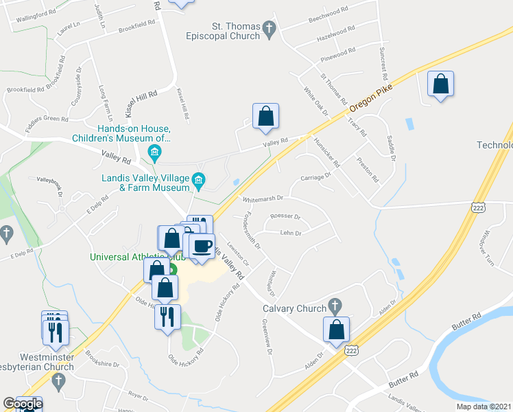 map of restaurants, bars, coffee shops, grocery stores, and more near 1003 Fondersmith Drive in Lancaster