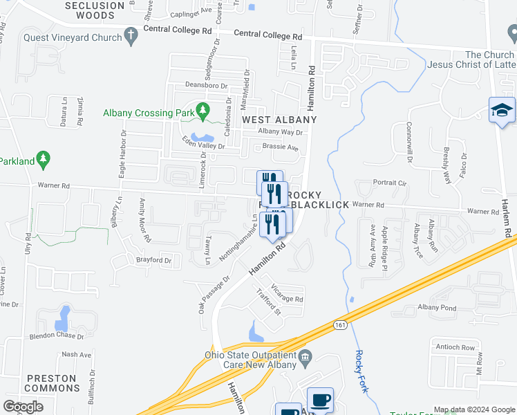 map of restaurants, bars, coffee shops, grocery stores, and more near 5516 Nottinghamshire Lane in Westerville