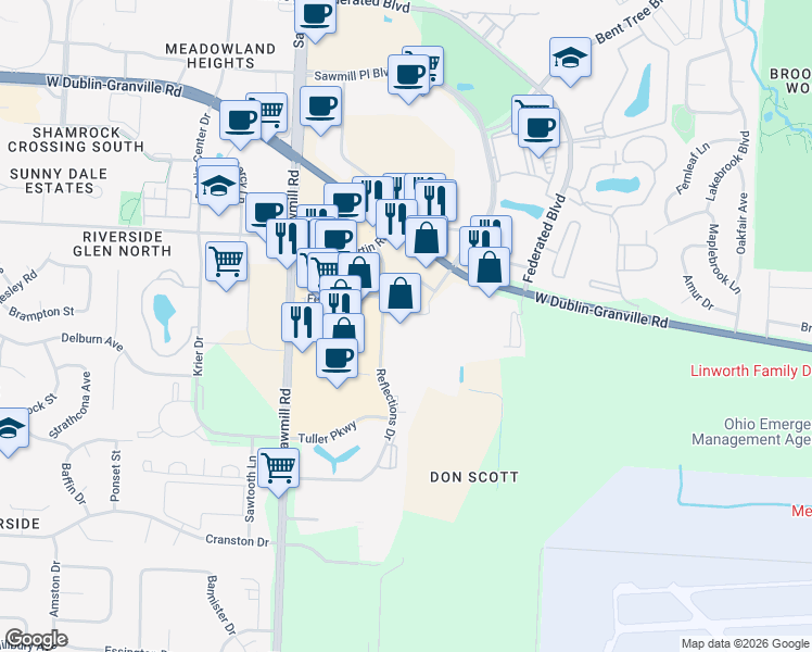 map of restaurants, bars, coffee shops, grocery stores, and more near 3571 West Dublin Granville Road in Columbus