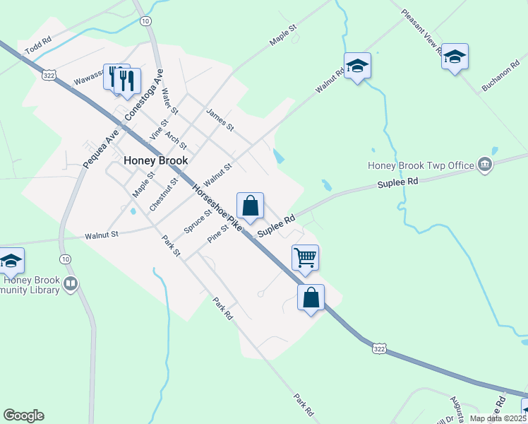 map of restaurants, bars, coffee shops, grocery stores, and more near 17 Vintage Lane in Honey Brook