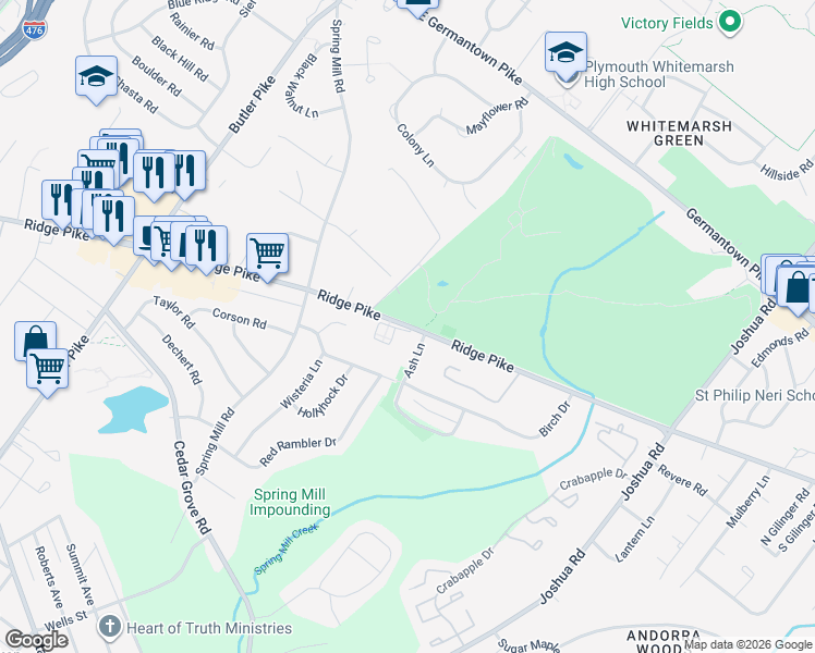 map of restaurants, bars, coffee shops, grocery stores, and more near 162 Ridge Pike in Lafayette Hill
