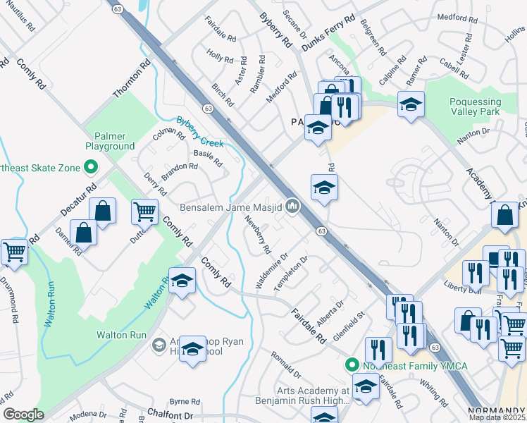 map of restaurants, bars, coffee shops, grocery stores, and more near 12023 Legion Street in Philadelphia