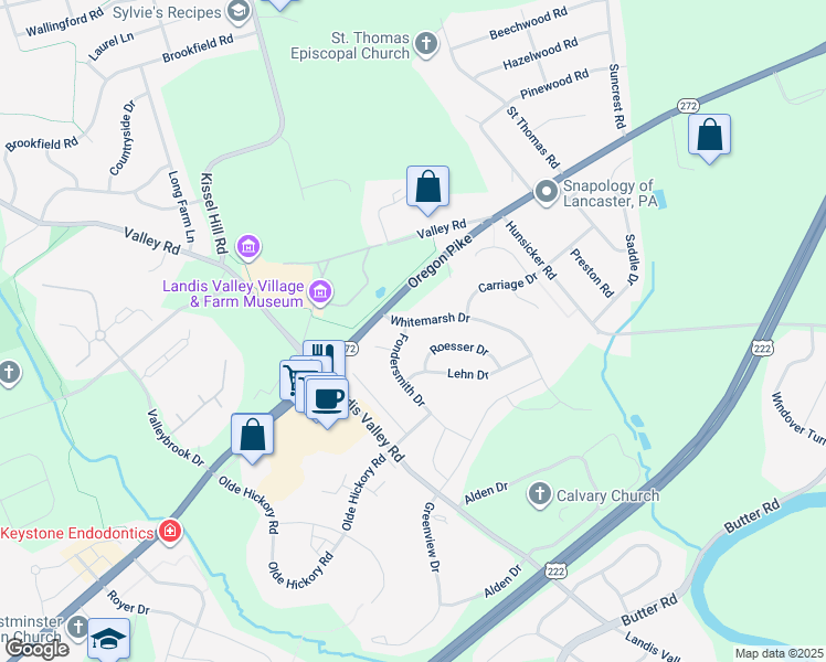 map of restaurants, bars, coffee shops, grocery stores, and more near 1003 Fondersmith Drive in Lancaster