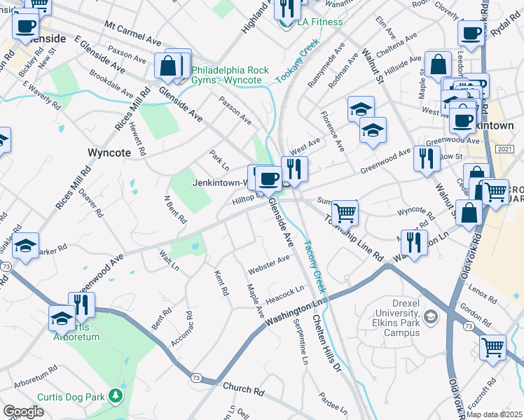 map of restaurants, bars, coffee shops, grocery stores, and more near 116 Greenwood Avenue in Wyncote