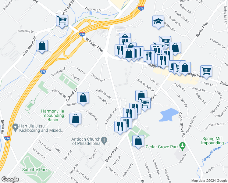 map of restaurants, bars, coffee shops, grocery stores, and more near W Street in King of Prussia