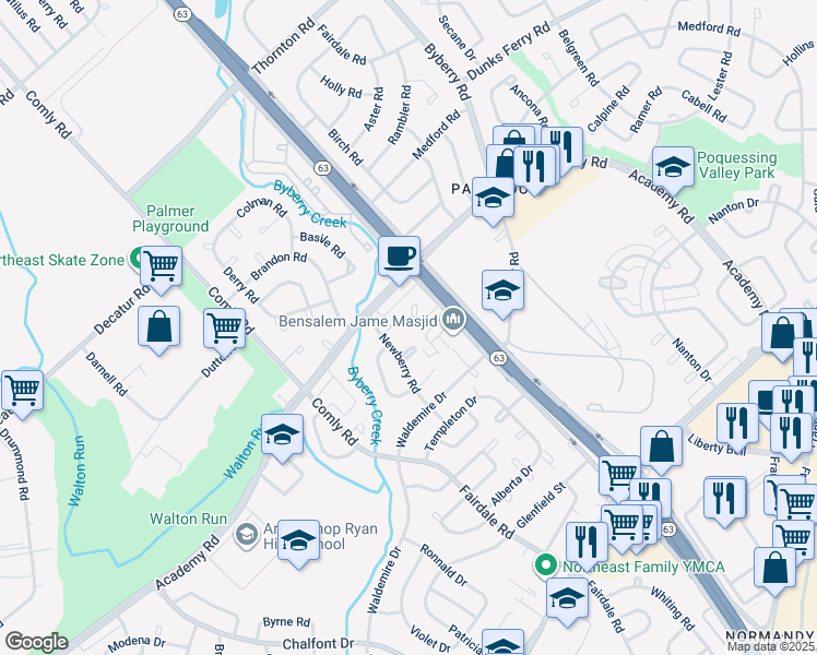 map of restaurants, bars, coffee shops, grocery stores, and more near 12023 Legion Street in Philadelphia
