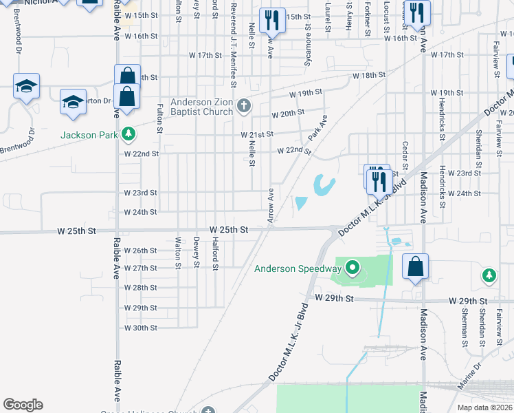 map of restaurants, bars, coffee shops, grocery stores, and more near 1722 West 24th Street in Anderson