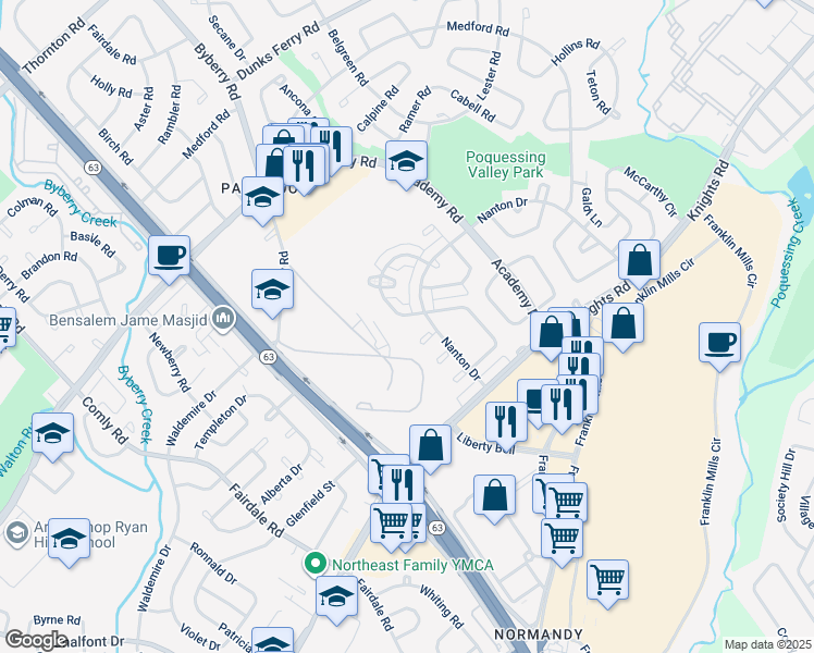 map of restaurants, bars, coffee shops, grocery stores, and more near 3640 Genesee Drive in Philadelphia