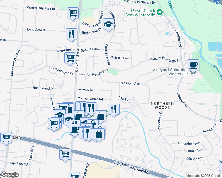 map of restaurants, bars, coffee shops, grocery stores, and more near 2666 Youngs Drive in Columbus