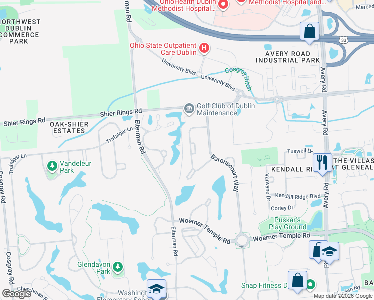 map of restaurants, bars, coffee shops, grocery stores, and more near 6635 Baronscourt Loop in Dublin