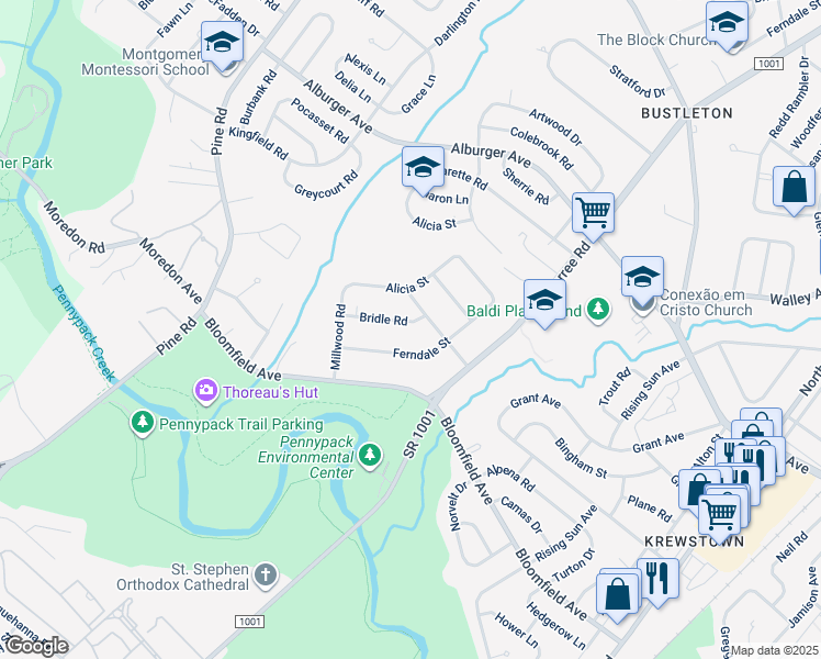 map of restaurants, bars, coffee shops, grocery stores, and more near 8645 Bridle Road in Philadelphia