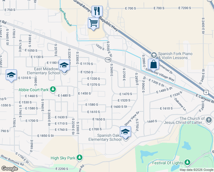 map of restaurants, bars, coffee shops, grocery stores, and more near 1817 South 2510 East in Spanish Fork