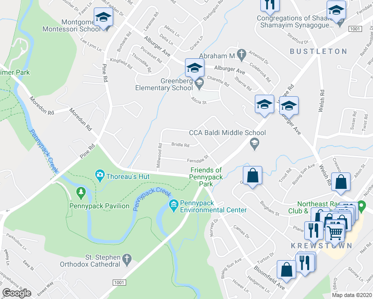 map of restaurants, bars, coffee shops, grocery stores, and more near 8637 Bridle Road in Philadelphia