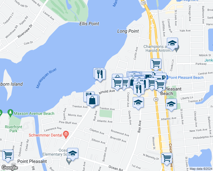map of restaurants, bars, coffee shops, grocery stores, and more near 429 Lincoln Avenue in Point Pleasant