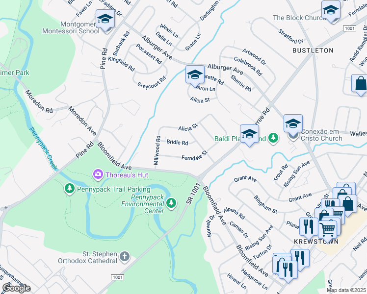 map of restaurants, bars, coffee shops, grocery stores, and more near 8637 Bridle Road in Philadelphia