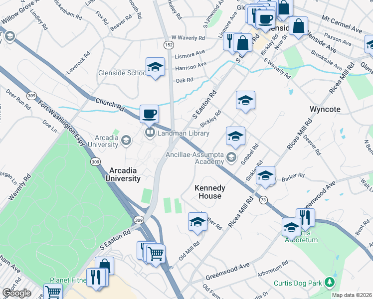 map of restaurants, bars, coffee shops, grocery stores, and more near 1600 Church Road in Wyncote