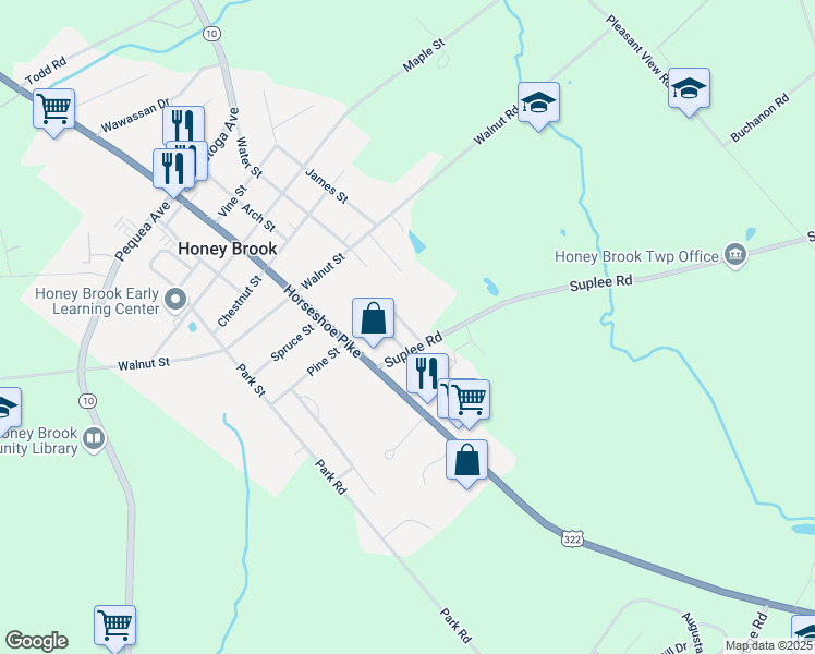 map of restaurants, bars, coffee shops, grocery stores, and more near 7 Vintage Lane in Honey Brook