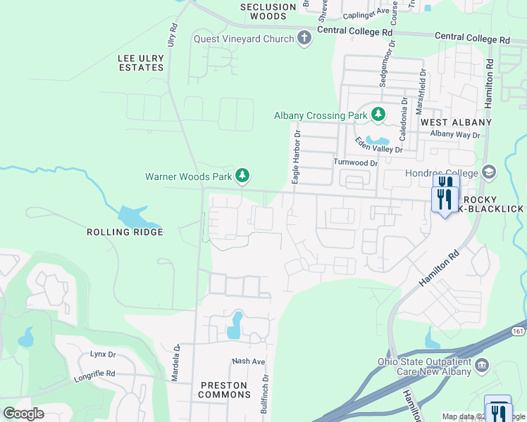 map of restaurants, bars, coffee shops, grocery stores, and more near 5505 Holister Drive in Westerville