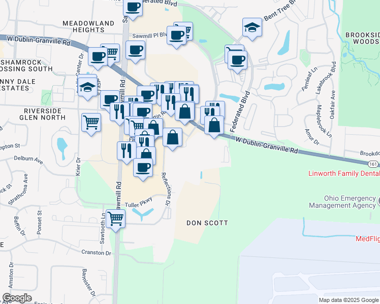 map of restaurants, bars, coffee shops, grocery stores, and more near 3571 West Dublin Granville Road in Columbus