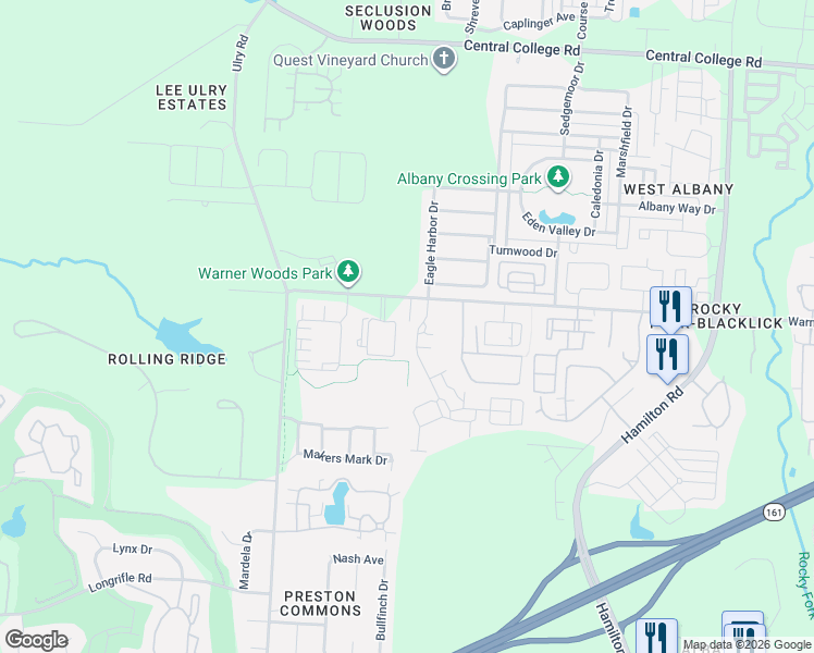 map of restaurants, bars, coffee shops, grocery stores, and more near 5506 Parker Landings Drive in Westerville