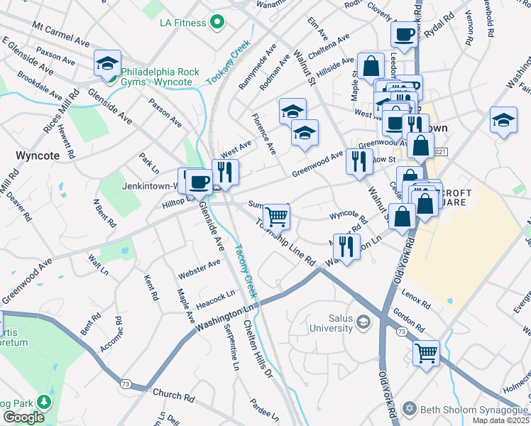map of restaurants, bars, coffee shops, grocery stores, and more near 126 Summit Avenue in Jenkintown