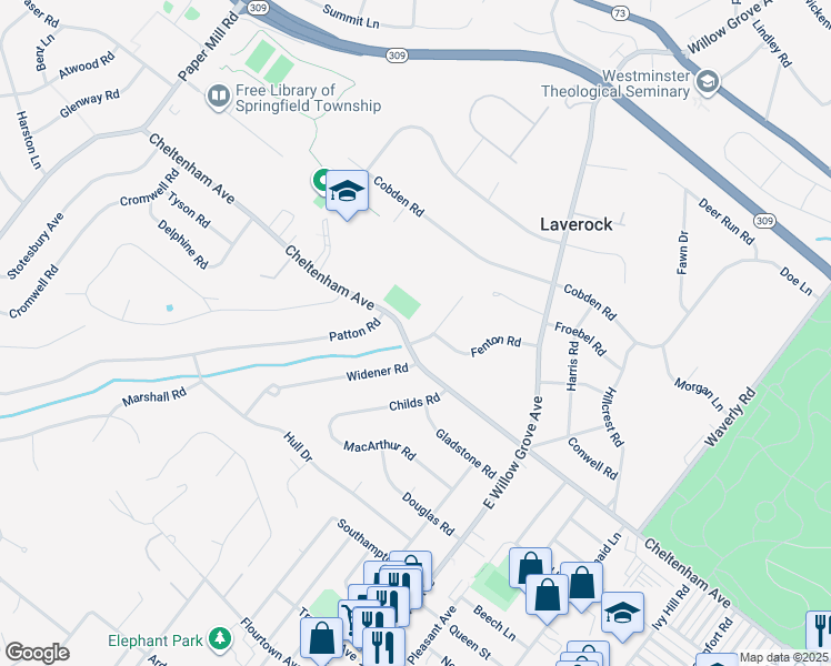 map of restaurants, bars, coffee shops, grocery stores, and more near 8401 Fenton Road in Glenside