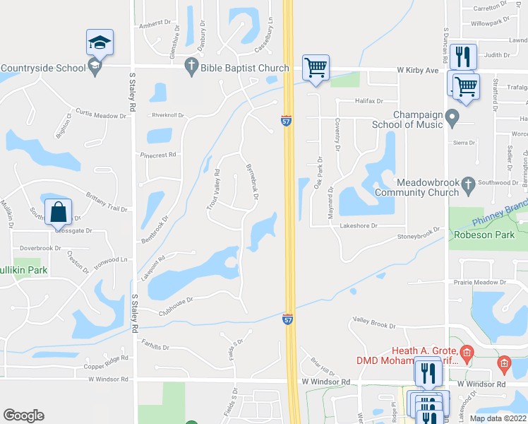 map of restaurants, bars, coffee shops, grocery stores, and more near 2004 Byrnebruk Drive in Champaign