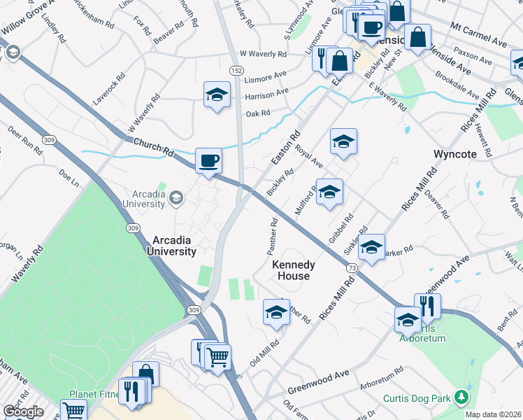 map of restaurants, bars, coffee shops, grocery stores, and more near 1600 Church Road in Wyncote