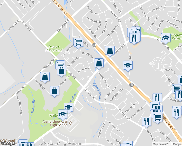 map of restaurants, bars, coffee shops, grocery stores, and more near 11857 Brandon Road in Philadelphia