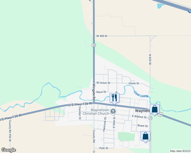 map of restaurants, bars, coffee shops, grocery stores, and more near 215 Vincent Street in Waynetown