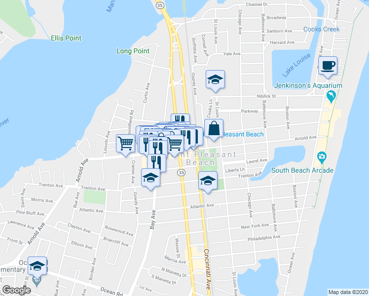 map of restaurants, bars, coffee shops, grocery stores, and more near 517 Arnold Avenue in Point Pleasant Beach