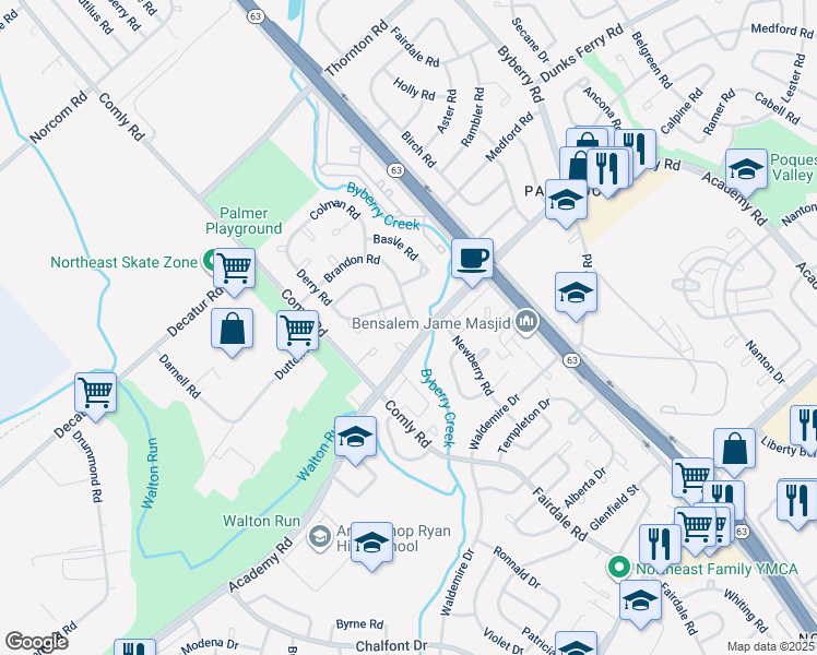 map of restaurants, bars, coffee shops, grocery stores, and more near 11857 Brandon Road in Philadelphia