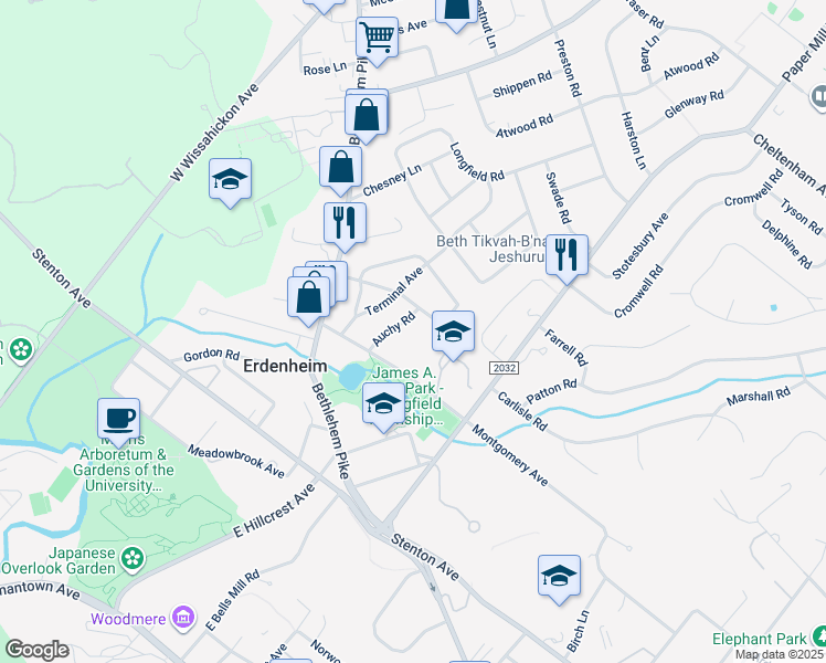 map of restaurants, bars, coffee shops, grocery stores, and more near 16 Auchy Road in Erdenheim
