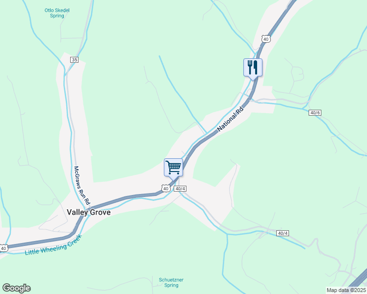 map of restaurants, bars, coffee shops, grocery stores, and more near 11939 National Road in Valley Grove