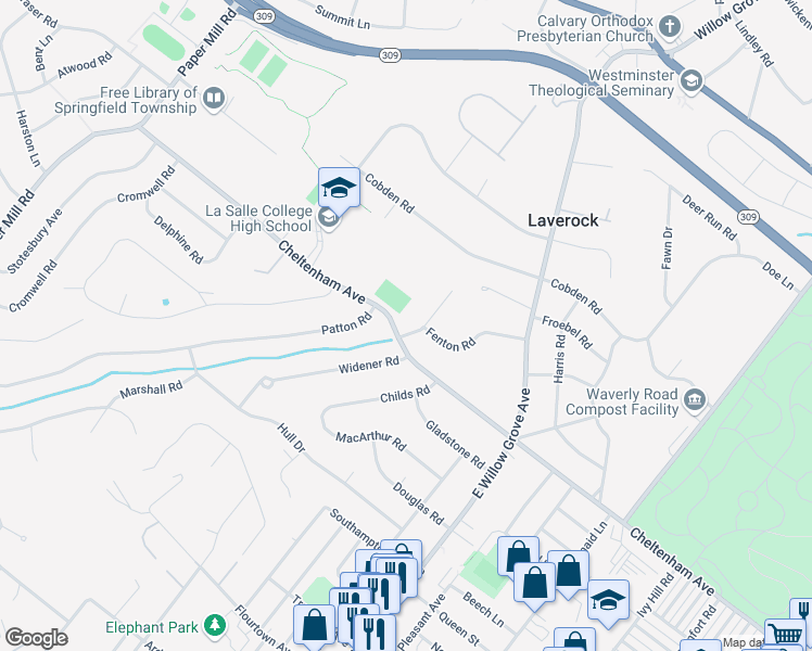 map of restaurants, bars, coffee shops, grocery stores, and more near 8401 Fenton Road in Glenside