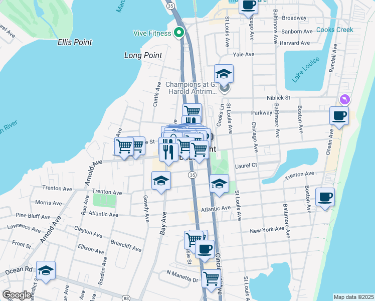 map of restaurants, bars, coffee shops, grocery stores, and more near 636 Arnold Avenue in Point Pleasant Beach
