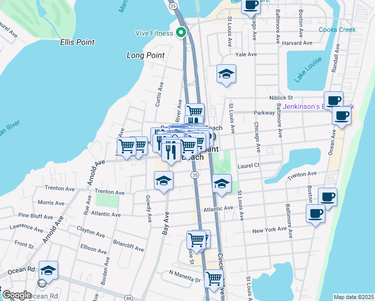 map of restaurants, bars, coffee shops, grocery stores, and more near 636 Arnold Avenue in Point Pleasant Beach