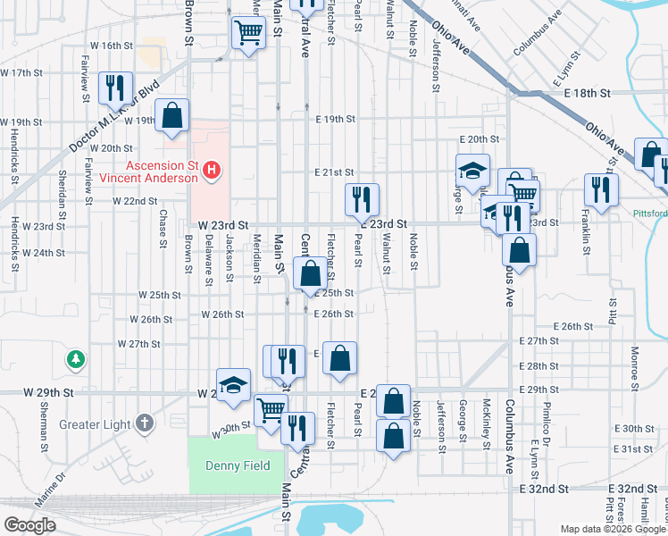 map of restaurants, bars, coffee shops, grocery stores, and more near 2420 Fletcher Street in Anderson