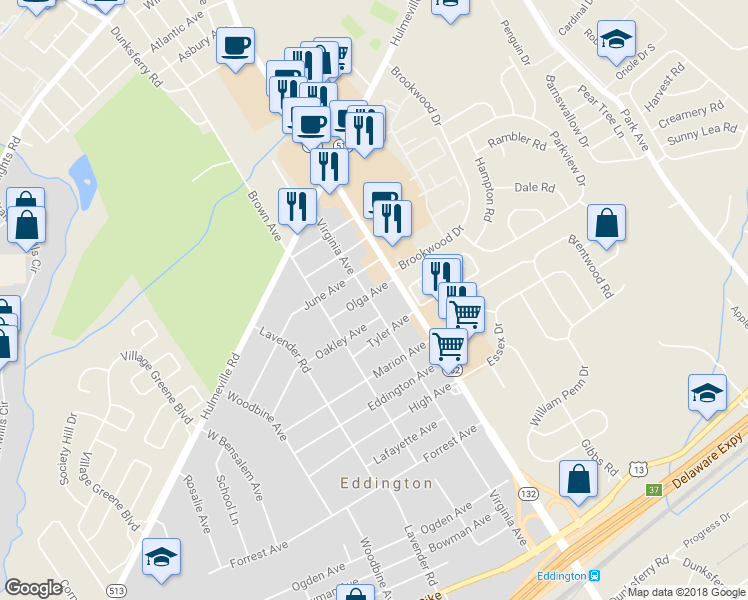 map of restaurants, bars, coffee shops, grocery stores, and more near 1627 Virginia Avenue in Bensalem