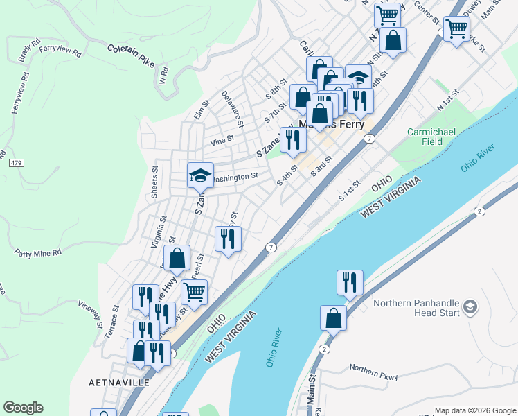 map of restaurants, bars, coffee shops, grocery stores, and more near 698 S 4th St in Martins Ferry