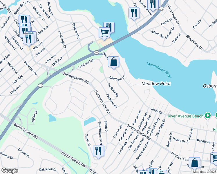 map of restaurants, bars, coffee shops, grocery stores, and more near 307 Sudbury Road in Point Pleasant