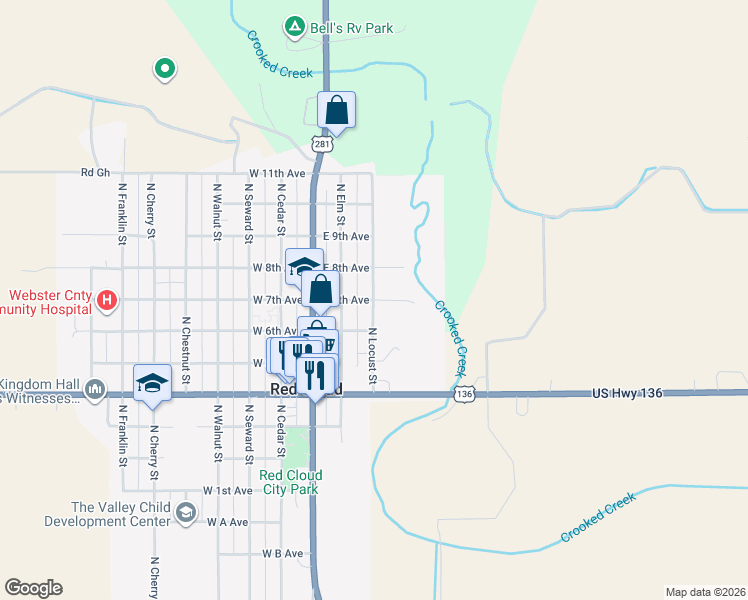 map of restaurants, bars, coffee shops, grocery stores, and more near 301 East 7th Avenue in Red Cloud