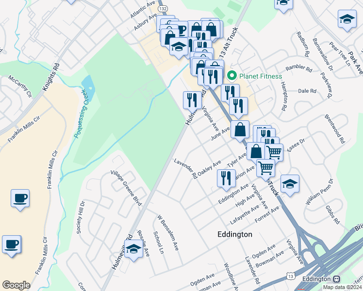 map of restaurants, bars, coffee shops, grocery stores, and more near 2719 Hulmeville Road in Bensalem