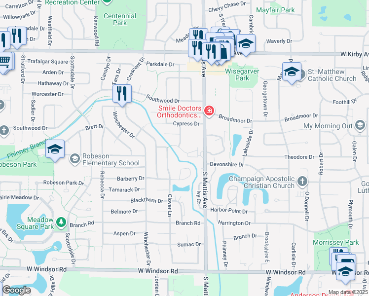 map of restaurants, bars, coffee shops, grocery stores, and more near 1818 Hemlock Drive in Champaign