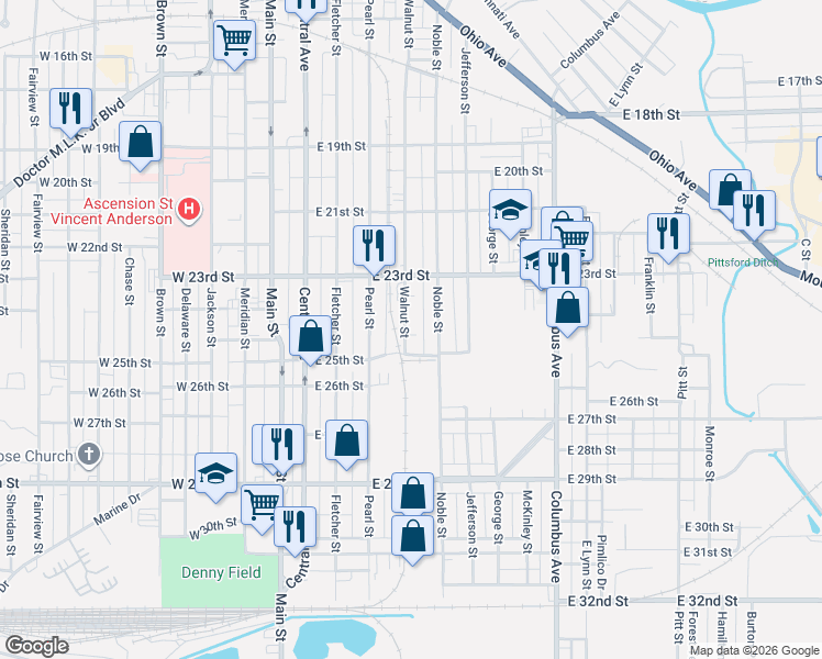 map of restaurants, bars, coffee shops, grocery stores, and more near 2408 Walnut Street in Anderson