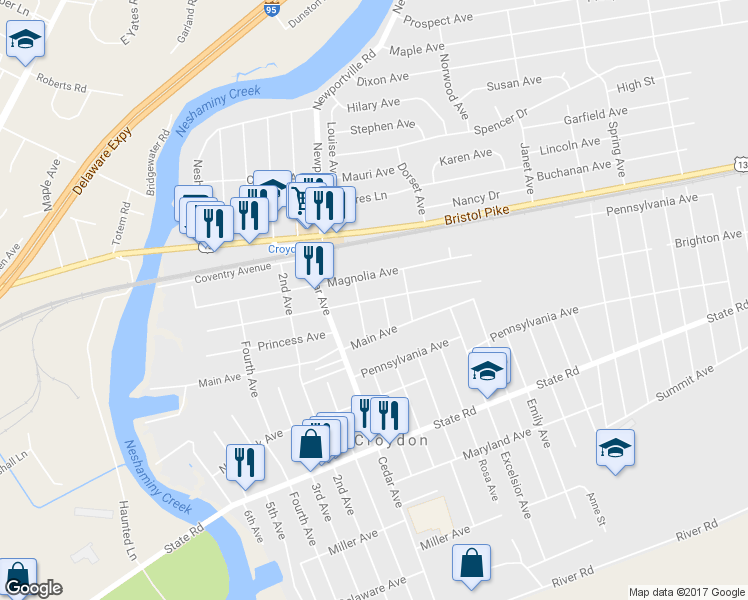 map of restaurants, bars, coffee shops, grocery stores, and more near 916 Sycamore Avenue in Croydon