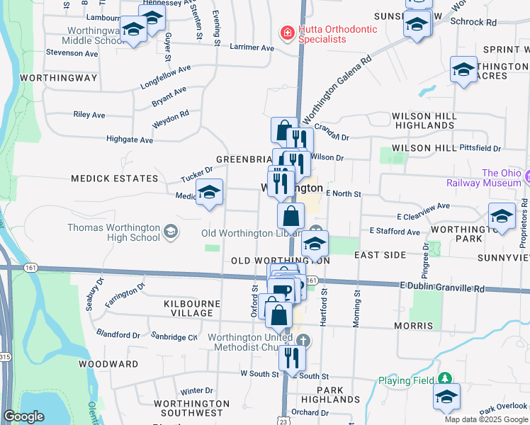 map of restaurants, bars, coffee shops, grocery stores, and more near 870 Oxford Street in Worthington