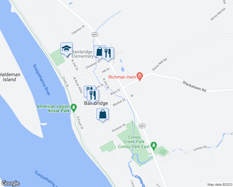 map of restaurants, bars, coffee shops, grocery stores, and more near 315 Race Street in Bainbridge